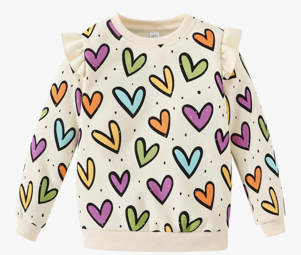 Multi coloured heart ruffle sleeve sweatshirt