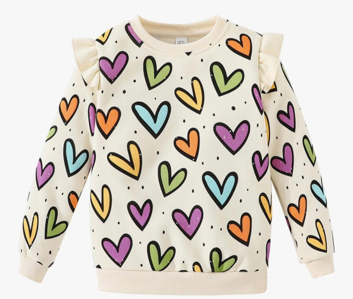Multi coloured heart ruffle sleeve sweatshirt