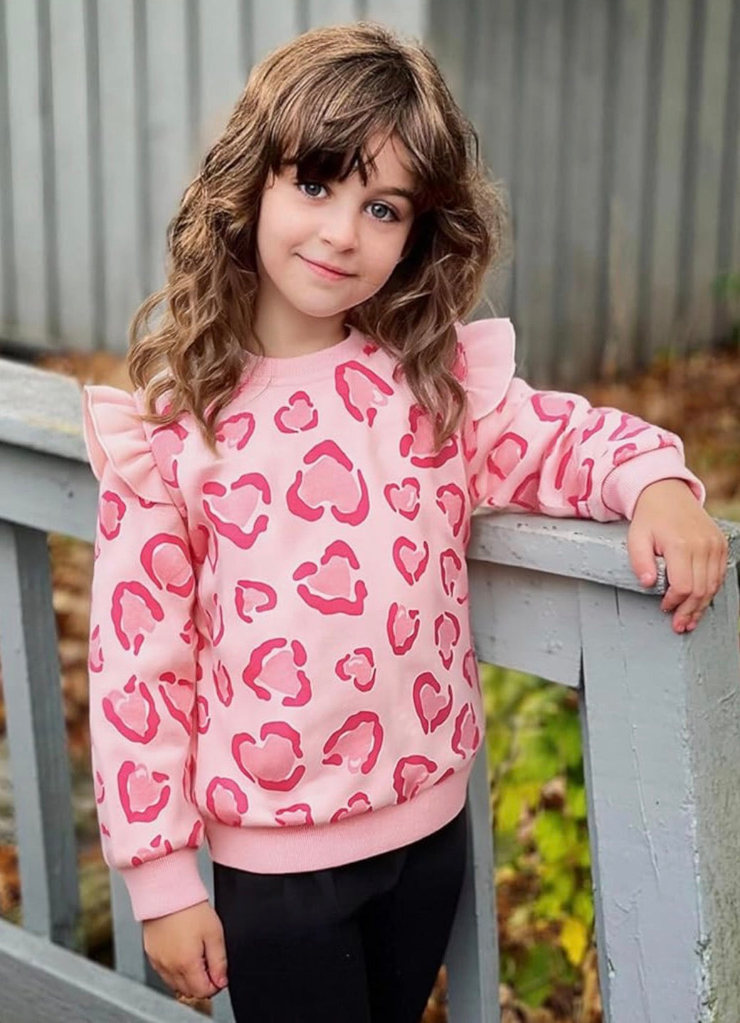 Pink leopard heart ruffle sleeve sweatshirt