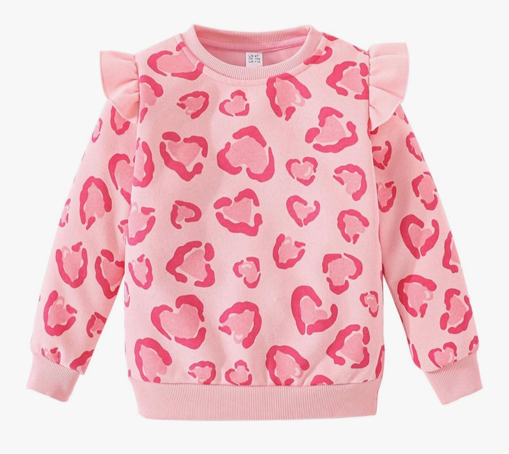 Pink leopard heart ruffle sleeve sweatshirt