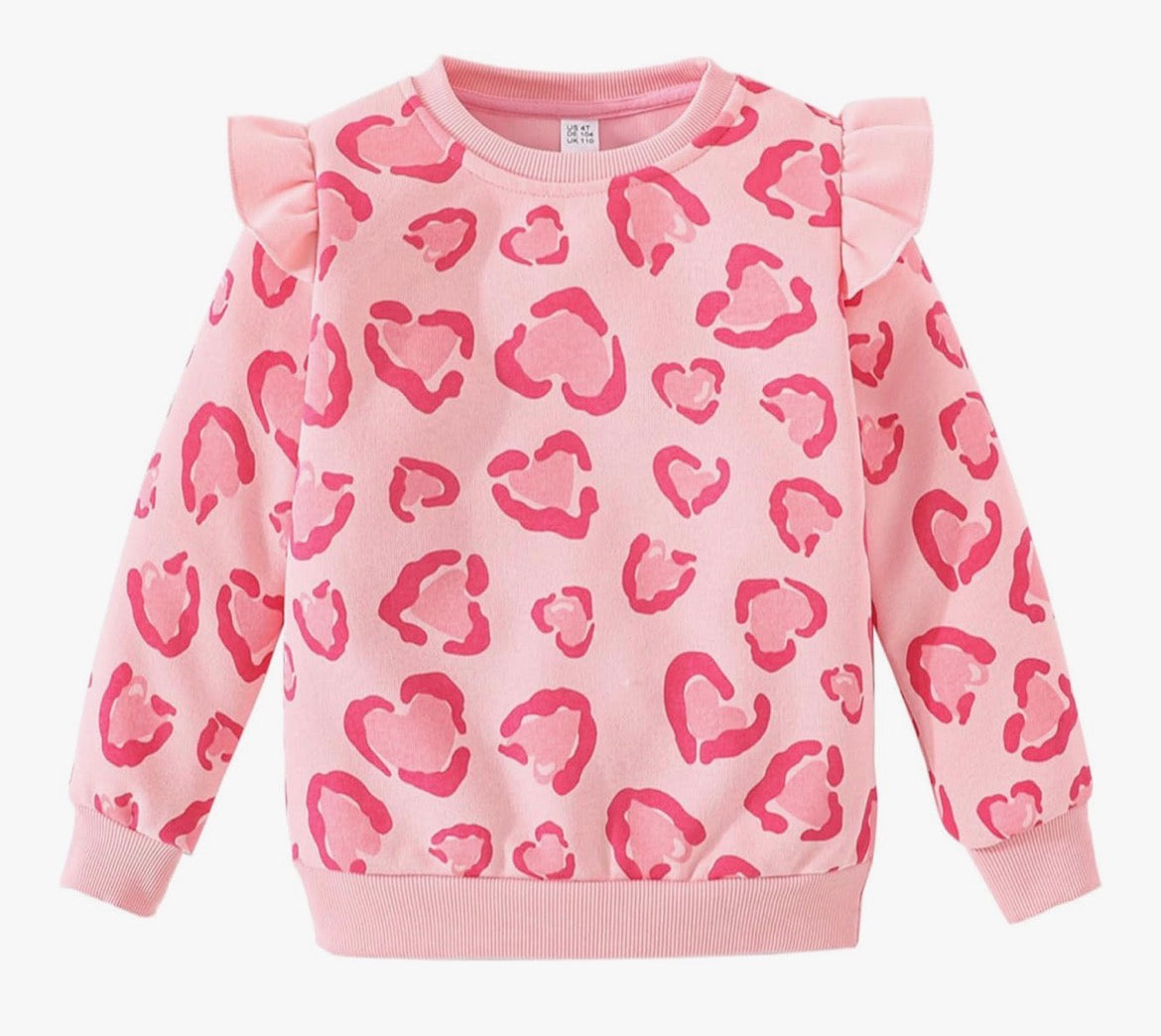Pink leopard heart ruffle sleeve sweatshirt