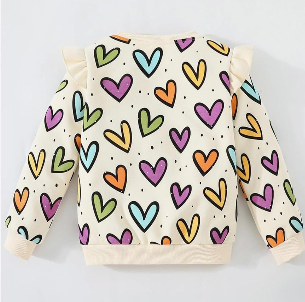 Multi coloured heart ruffle sleeve sweatshirt