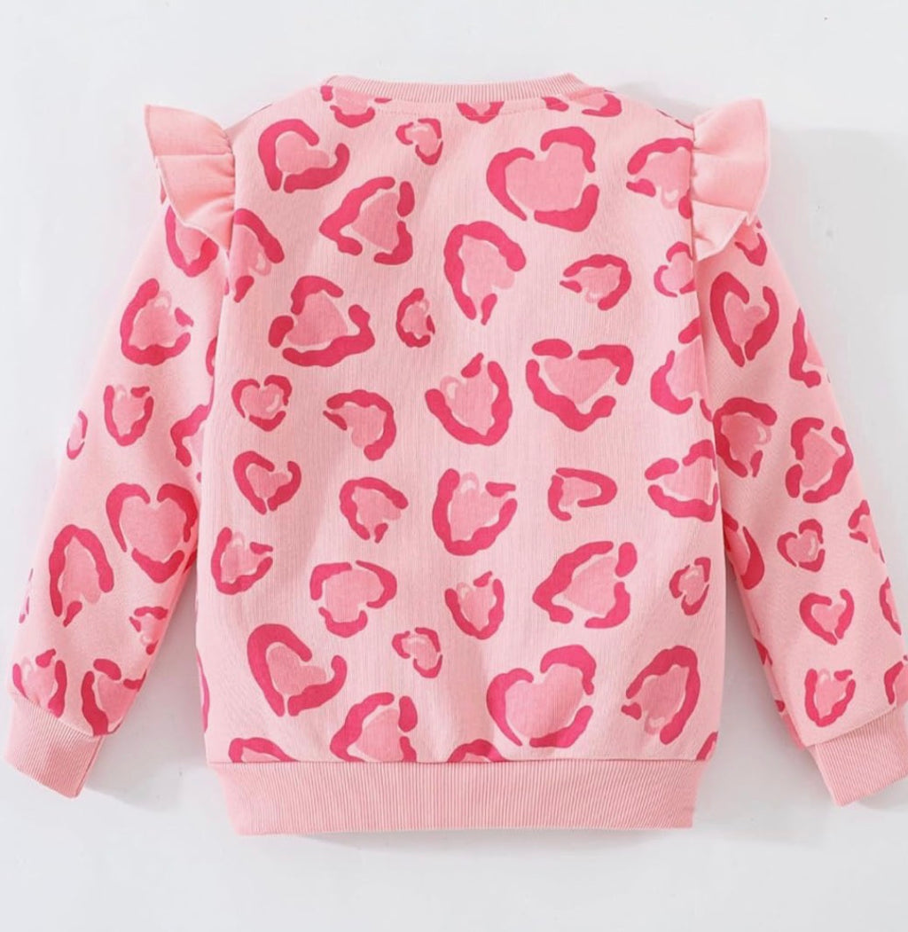 Pink leopard heart ruffle sleeve sweatshirt