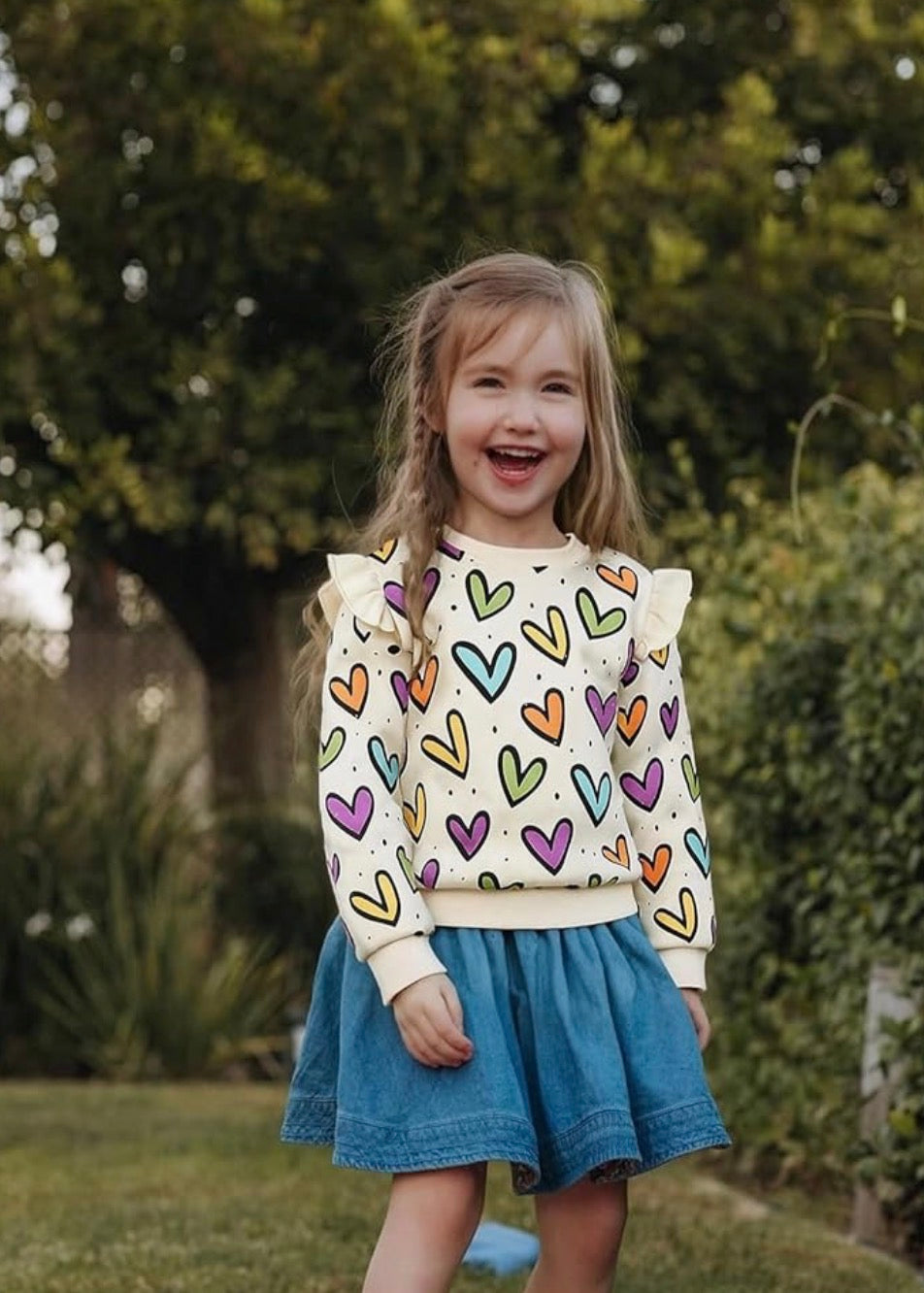 Multi coloured heart ruffle sleeve sweatshirt