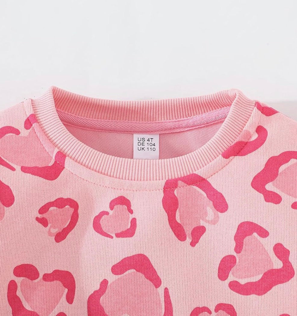 Pink leopard heart ruffle sleeve sweatshirt